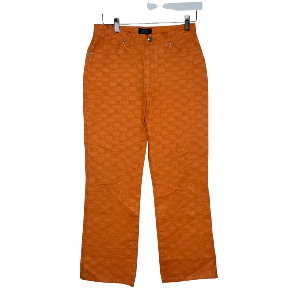 Versace Classic V2 Pants 28 Orange Greek Key Monogram Straight Leg Vintage